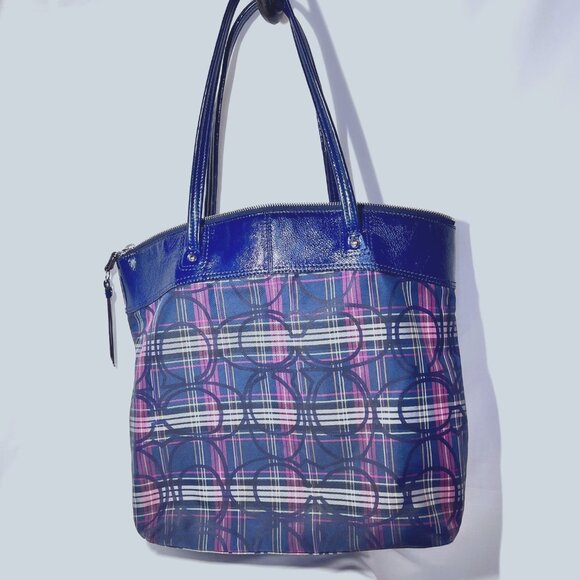 Coach Tote-Plaid-Navy Blue/Pink Mix-G1273-F20109-Large Purse-1 Zip Closure-Light - Picture 12 of 16